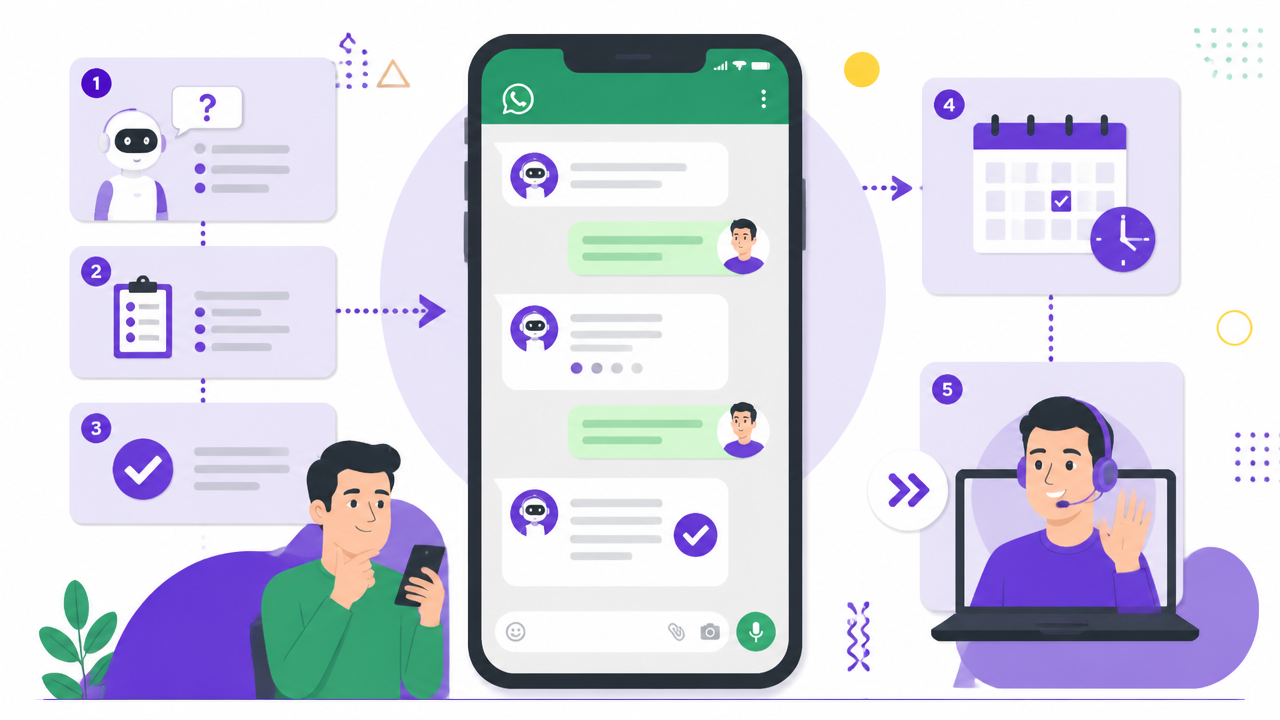 Fluxo de qualificação de contatos no WhatsApp com perguntas, agenda e repasse para vendas