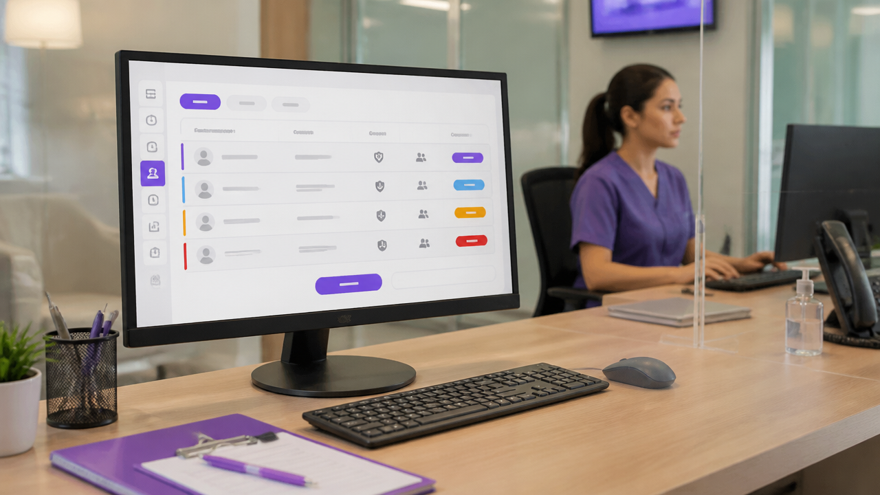 Fluxo de triagem digital em clínica com atendente ao fundo