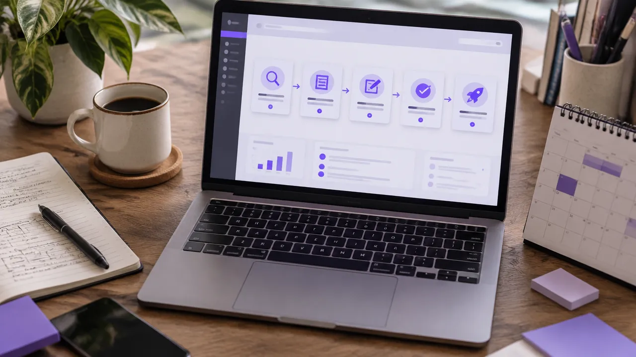 Fluxo editorial de blog com etapas de pesquisa, produção, revisão e publicação