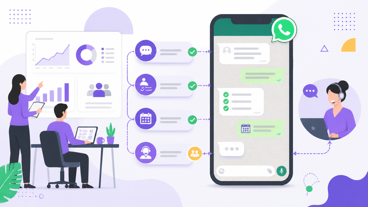 Fluxo ilustrado de atendimento conversacional com qualificação de leads e agendamento no celular