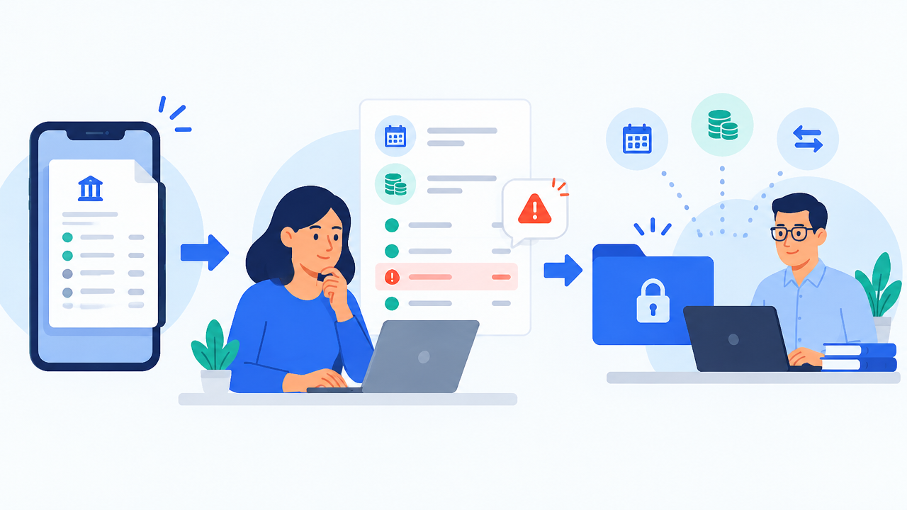 Fluxo ilustrado de conferência e envio seguro de um extrato digital para a contabilidade