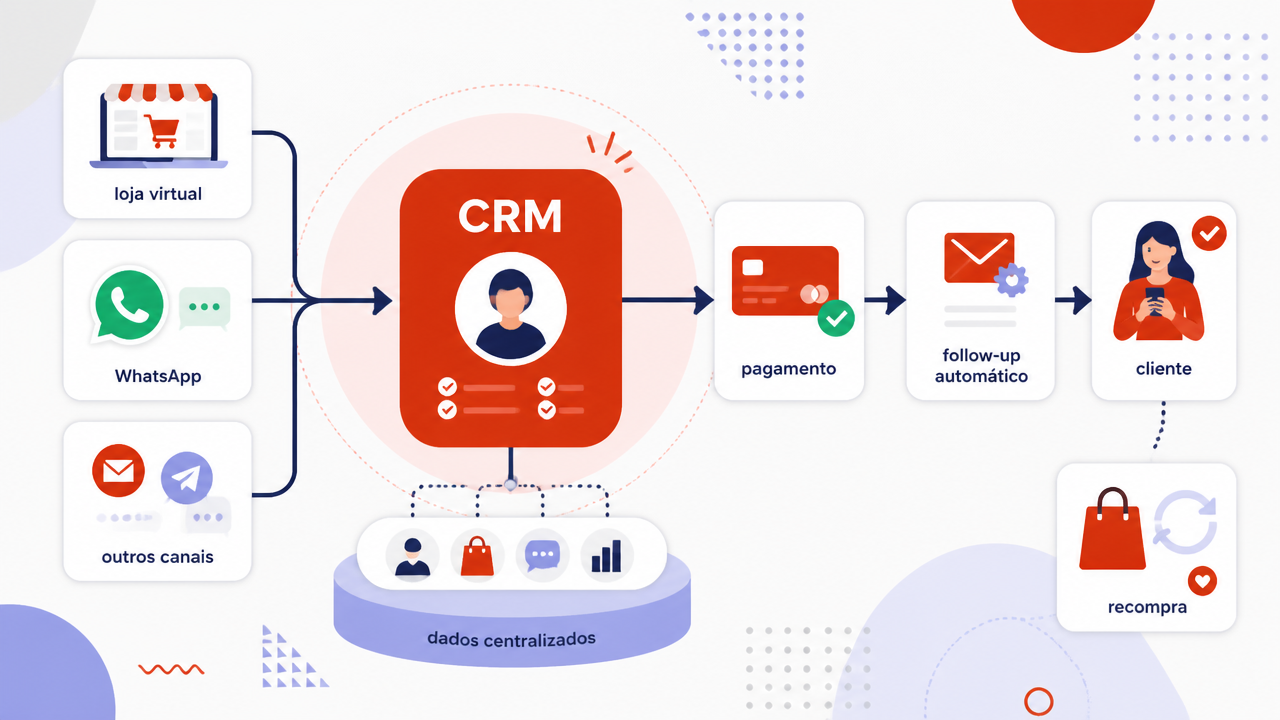 Fluxo ilustrado de integração entre loja virtual, WhatsApp, CRM, pagamento e follow-up automático