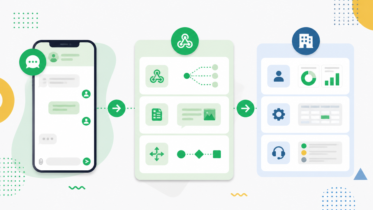 Fluxo ilustrado de mensagens passando do cliente para a plataforma e os sistemas da empresa.