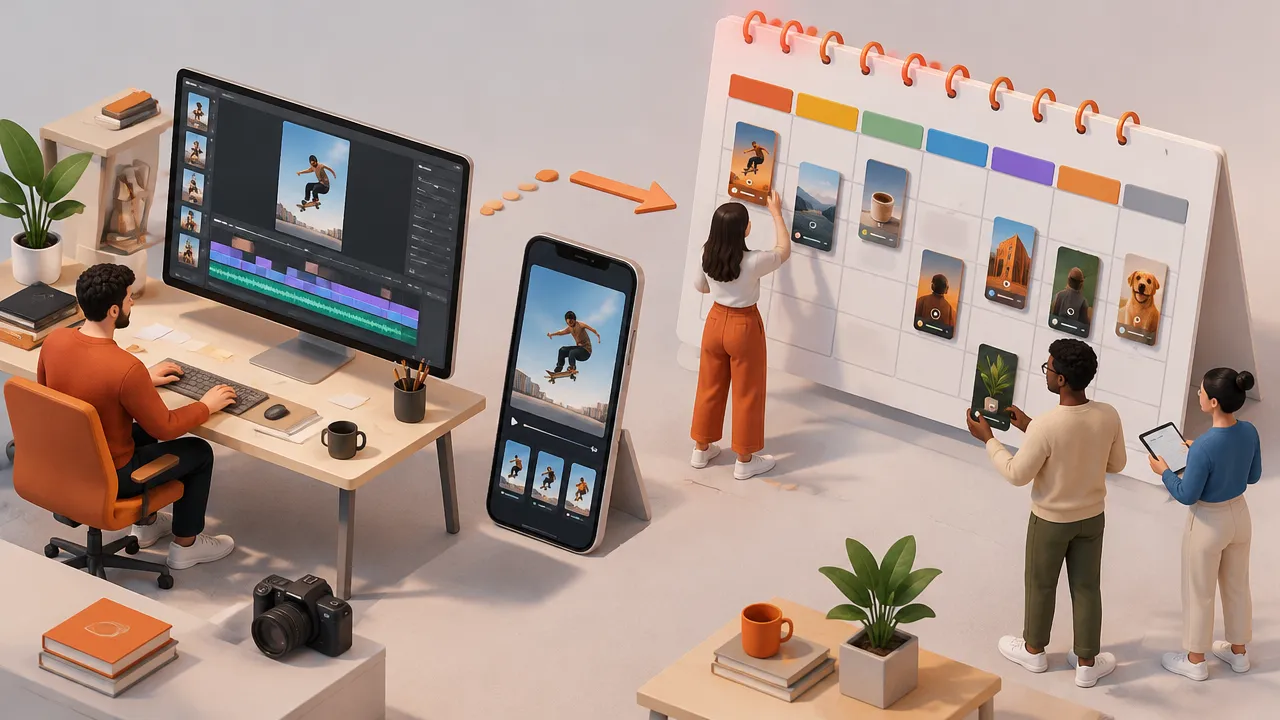 Isometric flow of editing a vertical video and organizing posts in a calendar