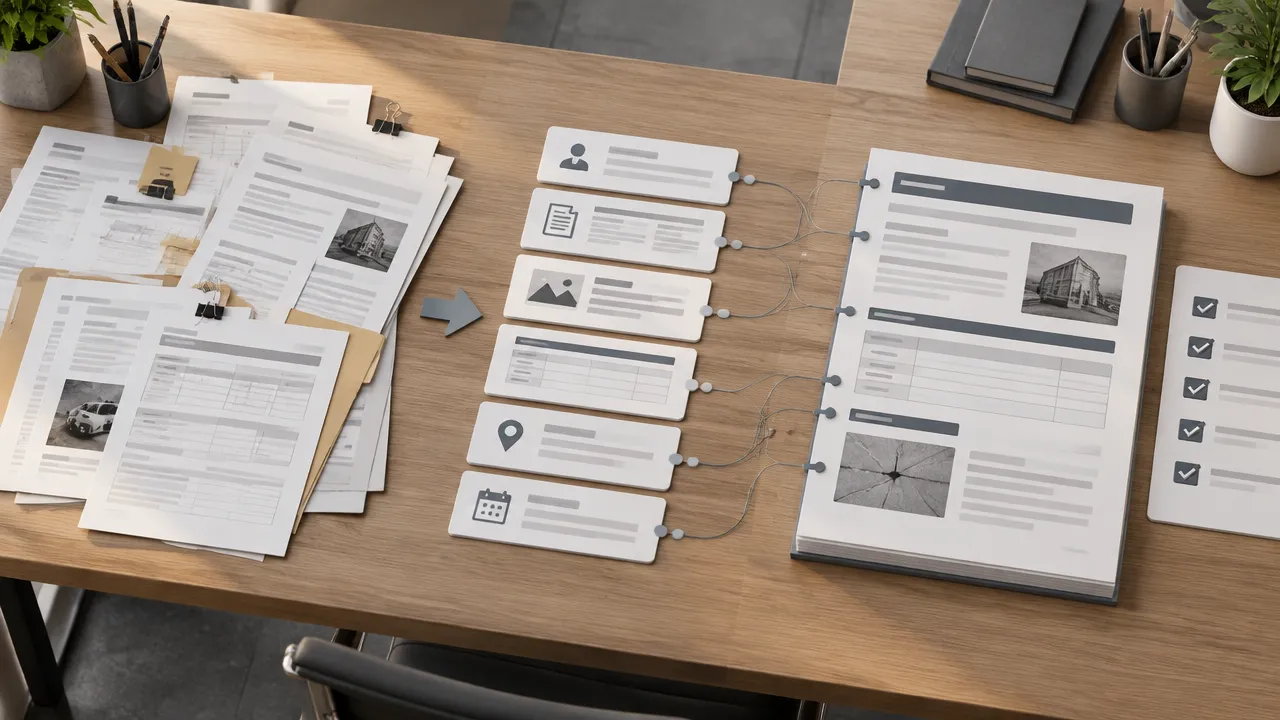 Fluxo isométrico que transforma documentos repetitivos em um modelo pericial estruturado