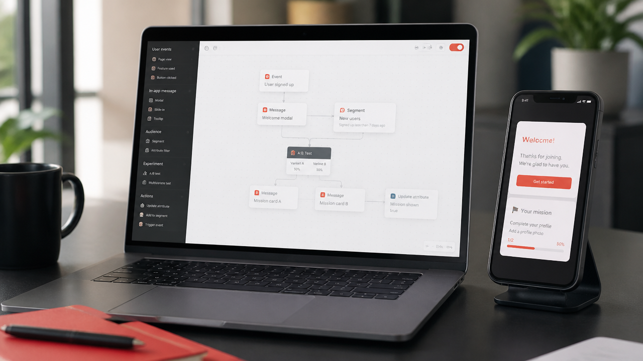 Fluxo no-code de onboarding com segmentação e mensagens in-app em laptop e smartphone
