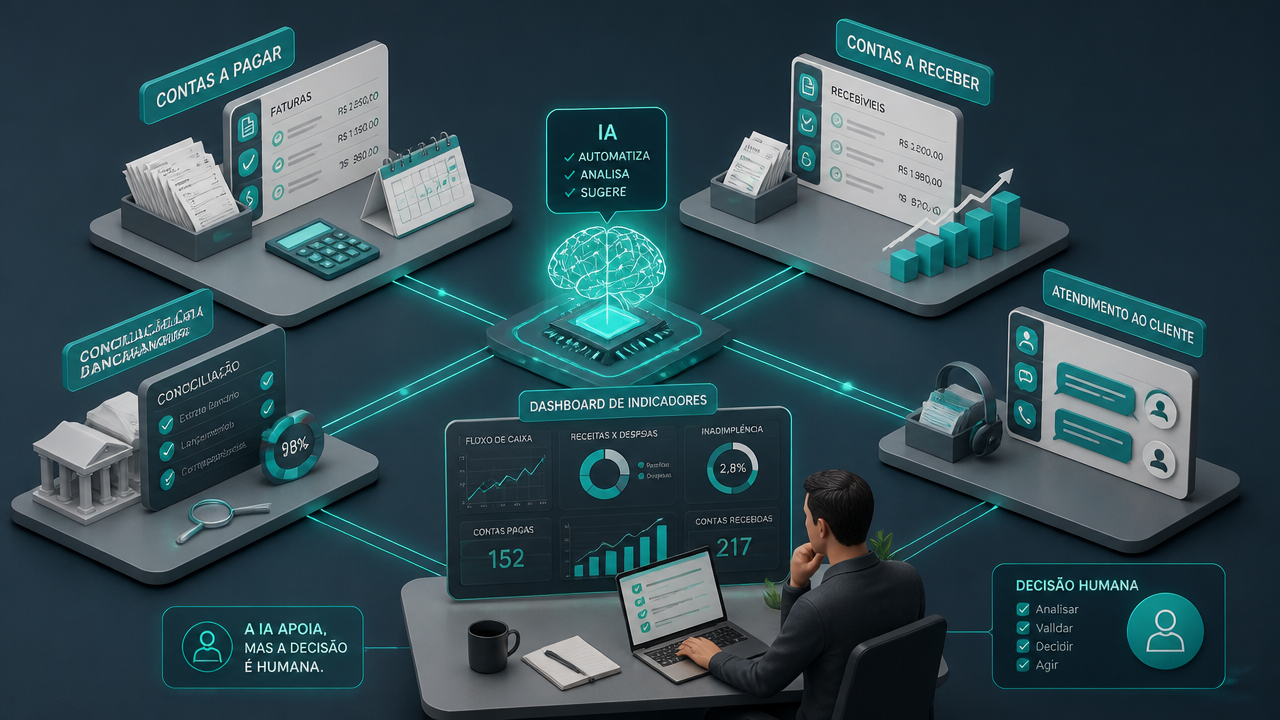 Fluxo operacional de BPO Financeiro com inteligência artificial, dashboards e processos automatizados em ilustração 3D isométrica