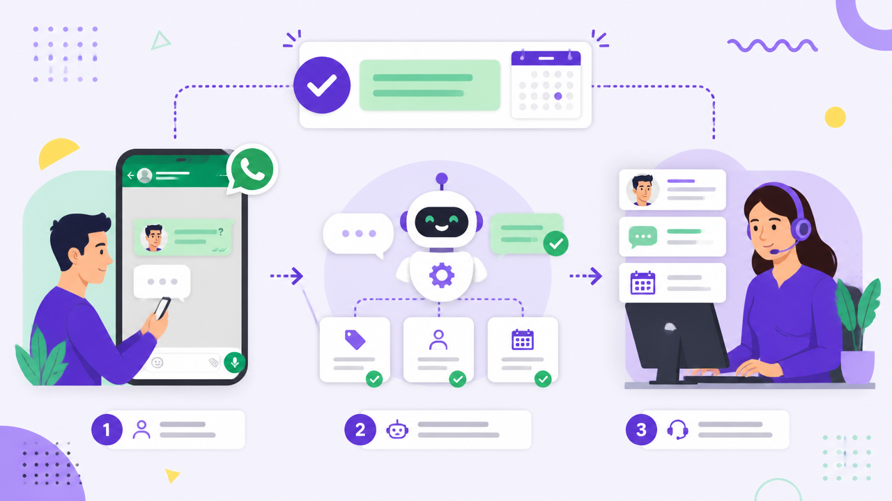 Fluxo visual de atendimento conversacional com triagem, encaminhamento e agendamento