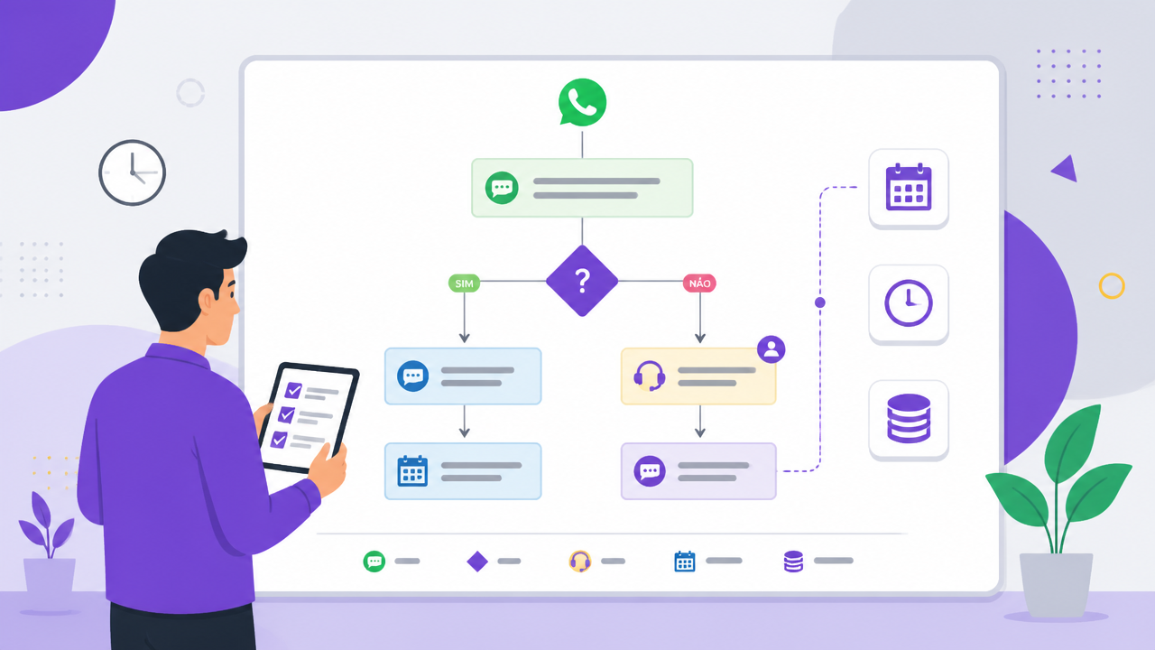 Fluxo visual de chatbot para WhatsApp com etapas de atendimento, qualificação e transferência