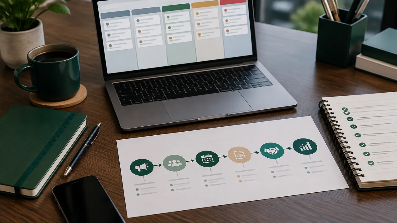Fluxo de CRM conectando qualificação, reunião, proposta, fechamento e pós-venda
