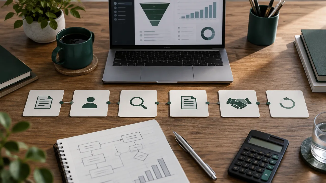 Fluxo visual de CRM conectando conteúdo, oportunidades, vendas e renovação