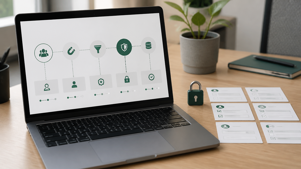 Fluxo de dados em CRM com campos essenciais e controles de acesso para ilustrar a aplicação da LGPD em marketing e vendas