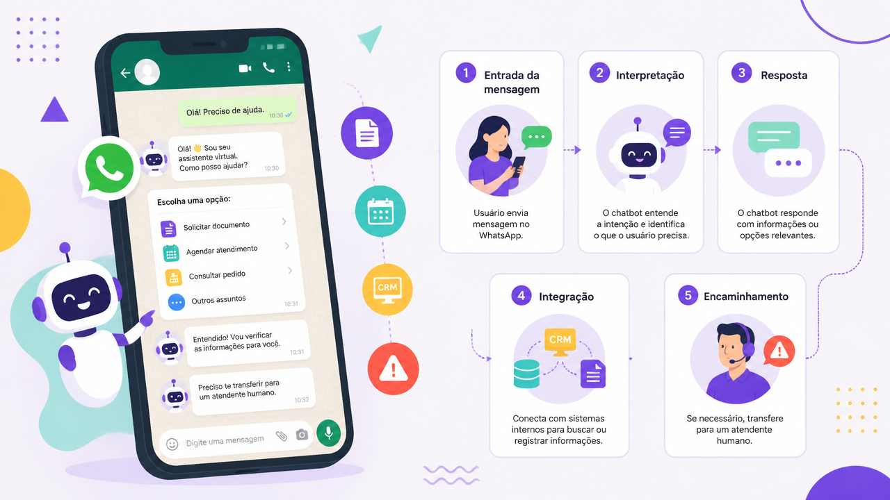 Fluxo visual de funcionamento de um chatbot no WhatsApp com automação e transferência para atendimento humano