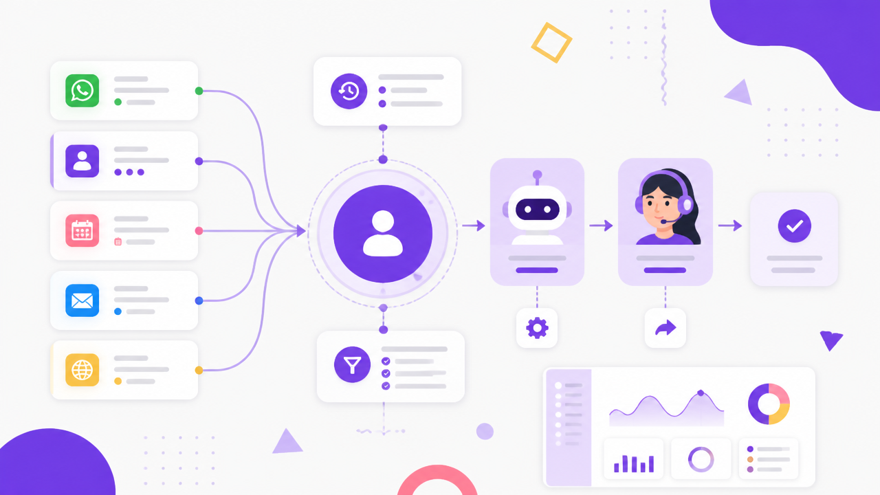 Fluxo visual de integração entre WhatsApp, CRM e outros canais em um painel único