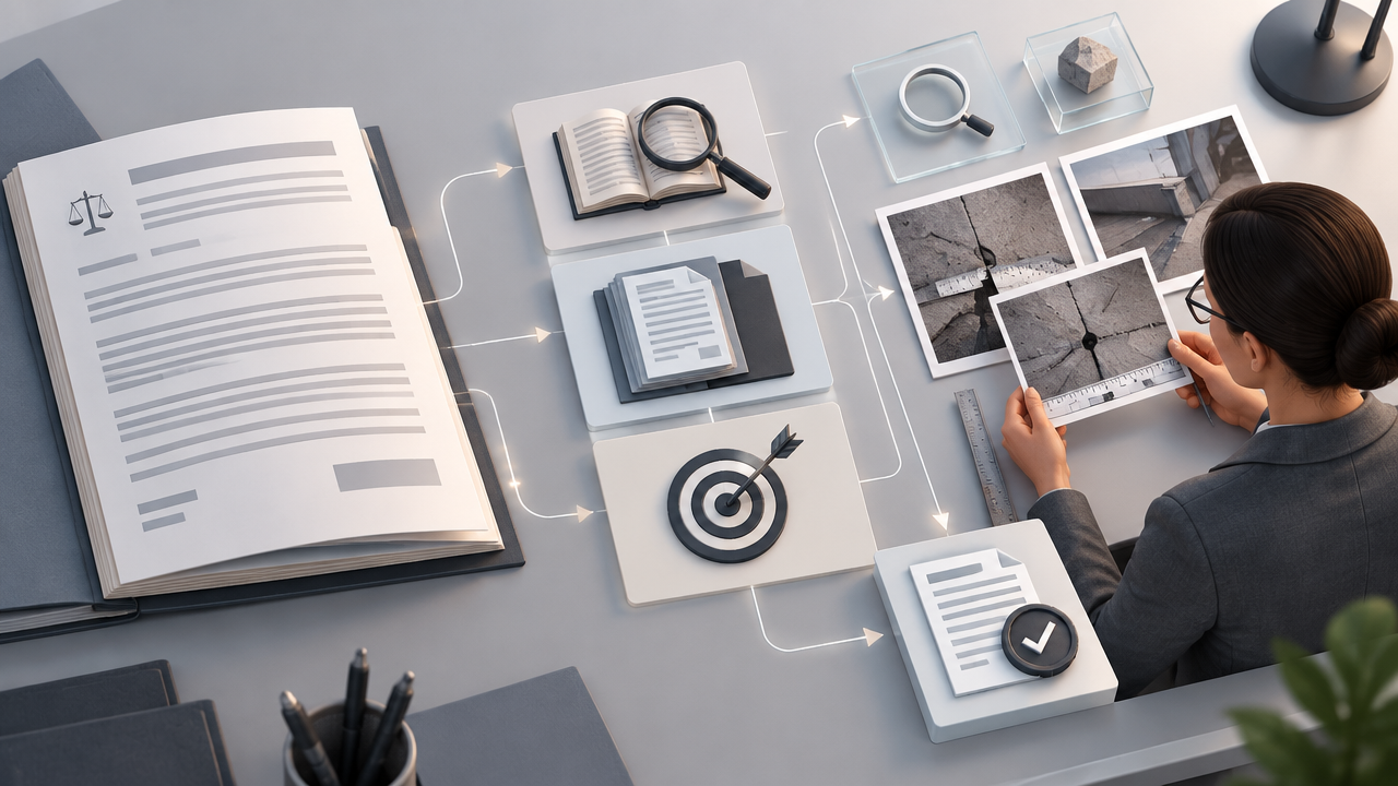 Fluxo visual de leitura do despacho, contexto processual e conferência das evidências técnicas
