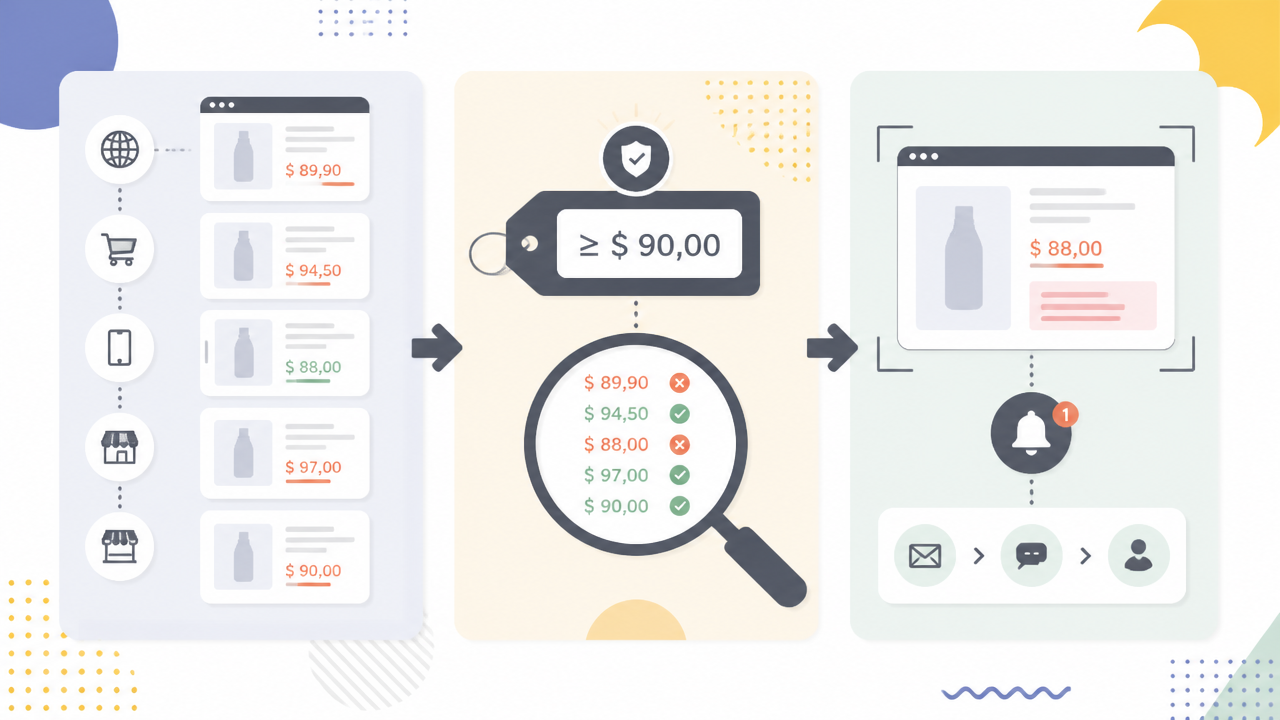 Fluxo visual de monitoramento de preços, comparação com regras comerciais e geração de alerta com evidência.