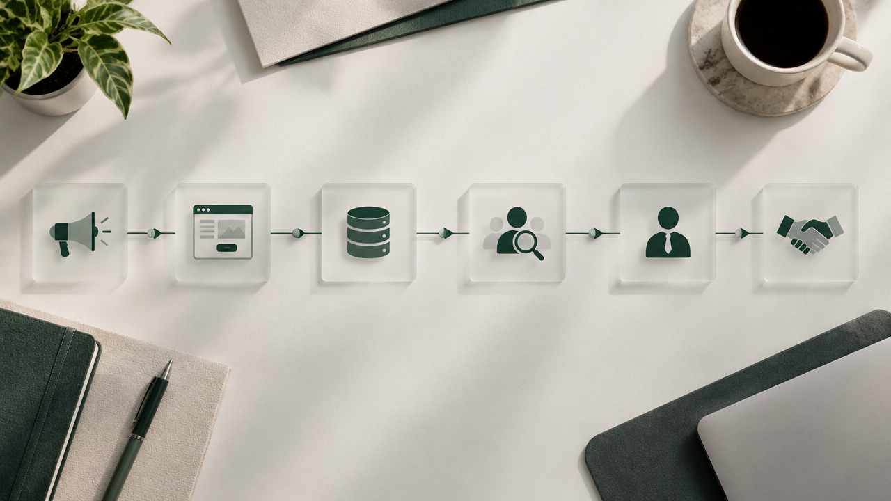 Fluxo visual de um processo B2B que liga anúncio, CRM, pré-vendas, consultoria e integração do cliente