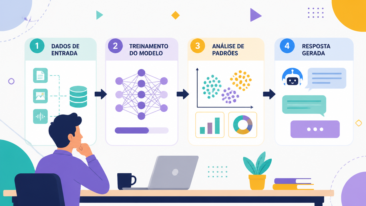 Fluxo visual em estilo vetorial mostrando dados, treinamento de modelo e resposta gerada por inteligência artificial.