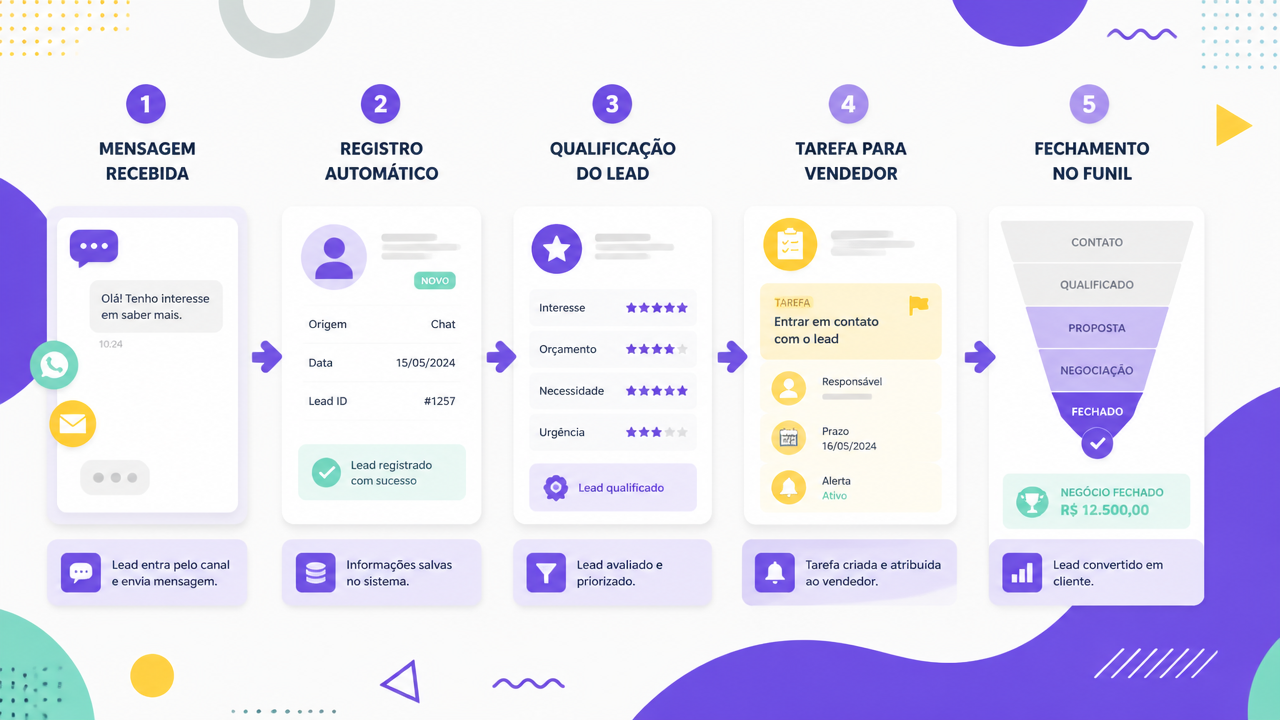 Fluxo visual mostrando como um CRM organiza contatos, tarefas e etapas do funil.