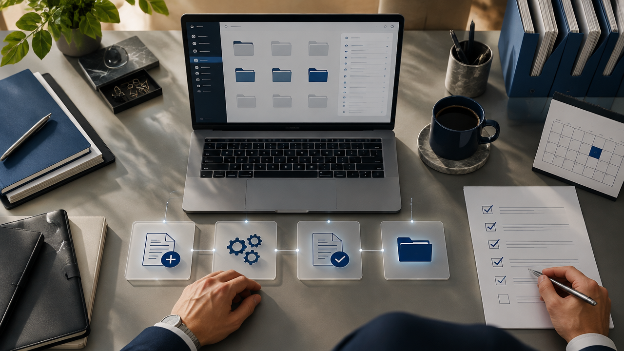 Fluxo visual organizado para solicitar, conferir e arquivar arquivos XML e recibos