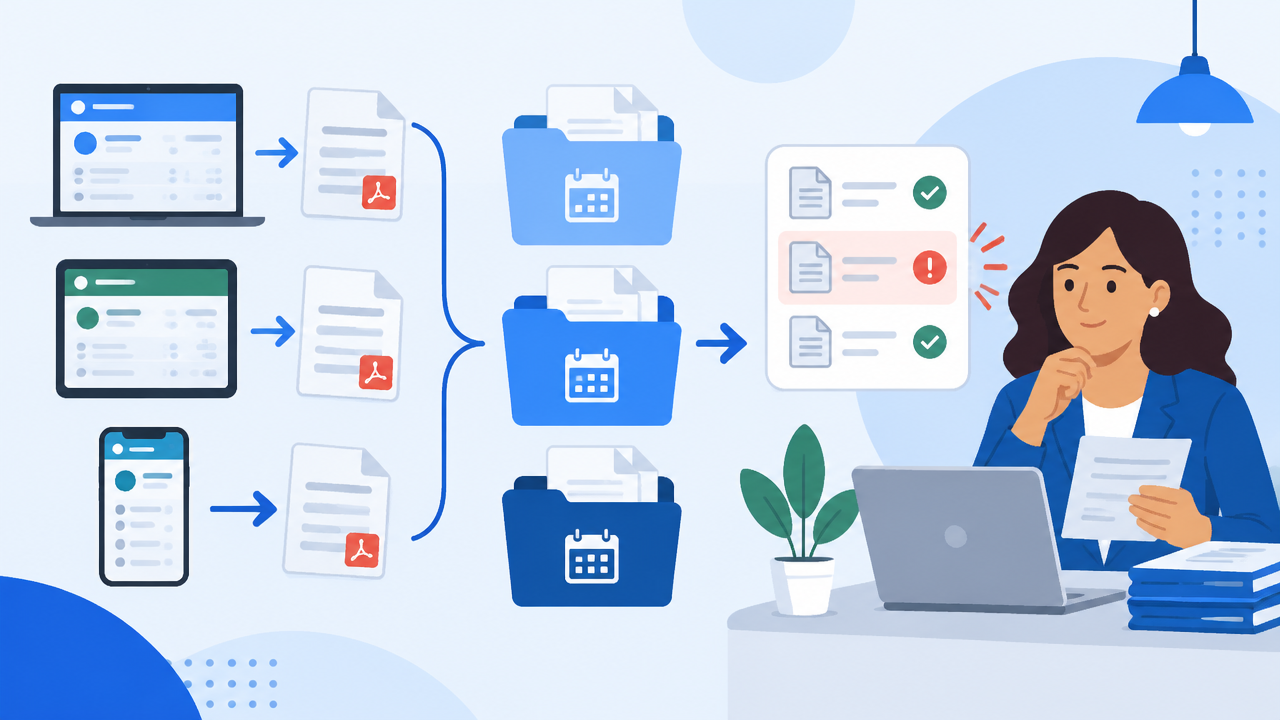 Fluxo visual para organizar extratos em PDF por mês e encaminhá-los ao contador