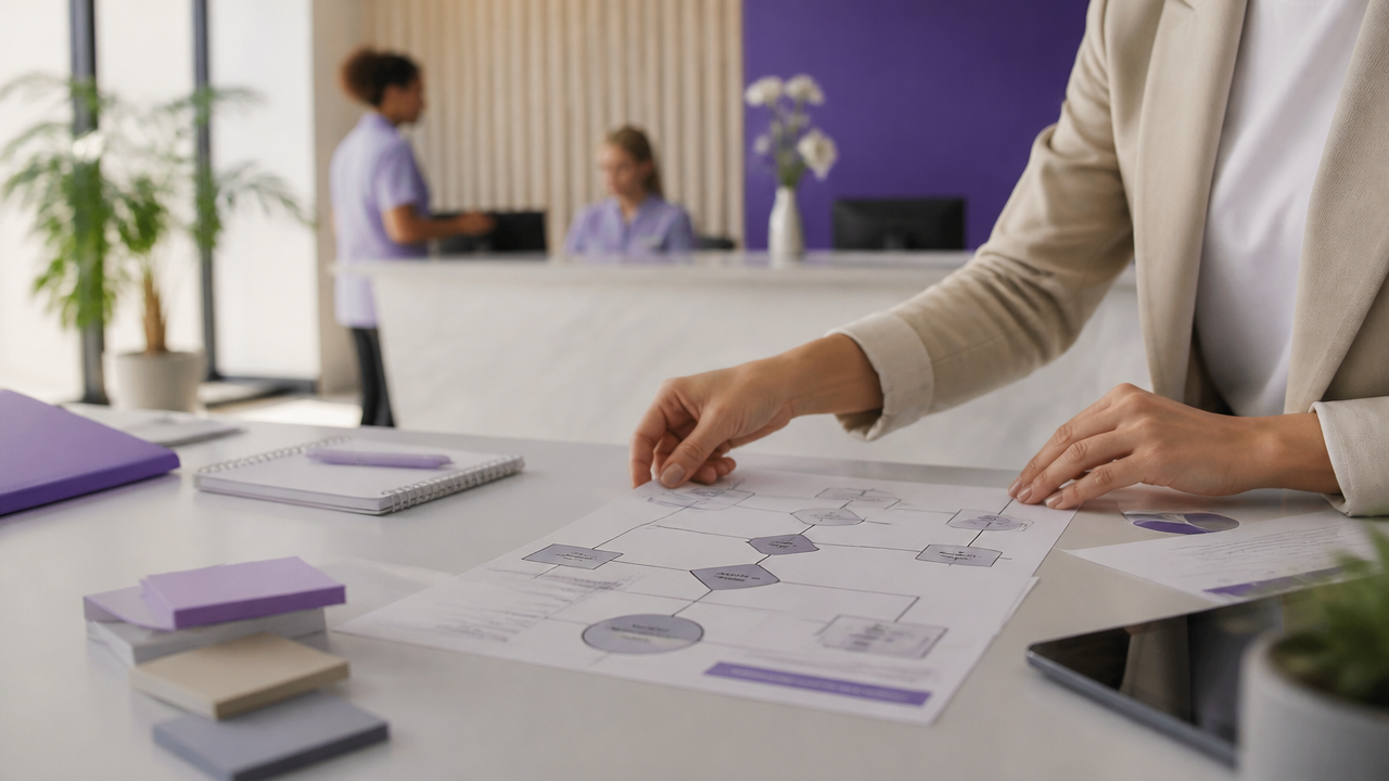 Fluxograma e indicadores sendo analisados para diagnosticar processos de uma clínica