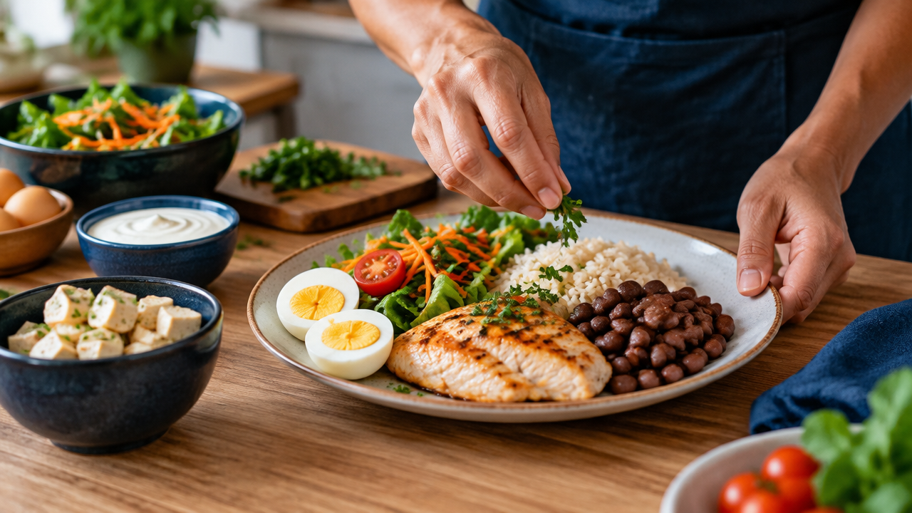 Fontes variadas de proteína em uma refeição caseira com peixe, feijão, ovos, tofu e iogurte