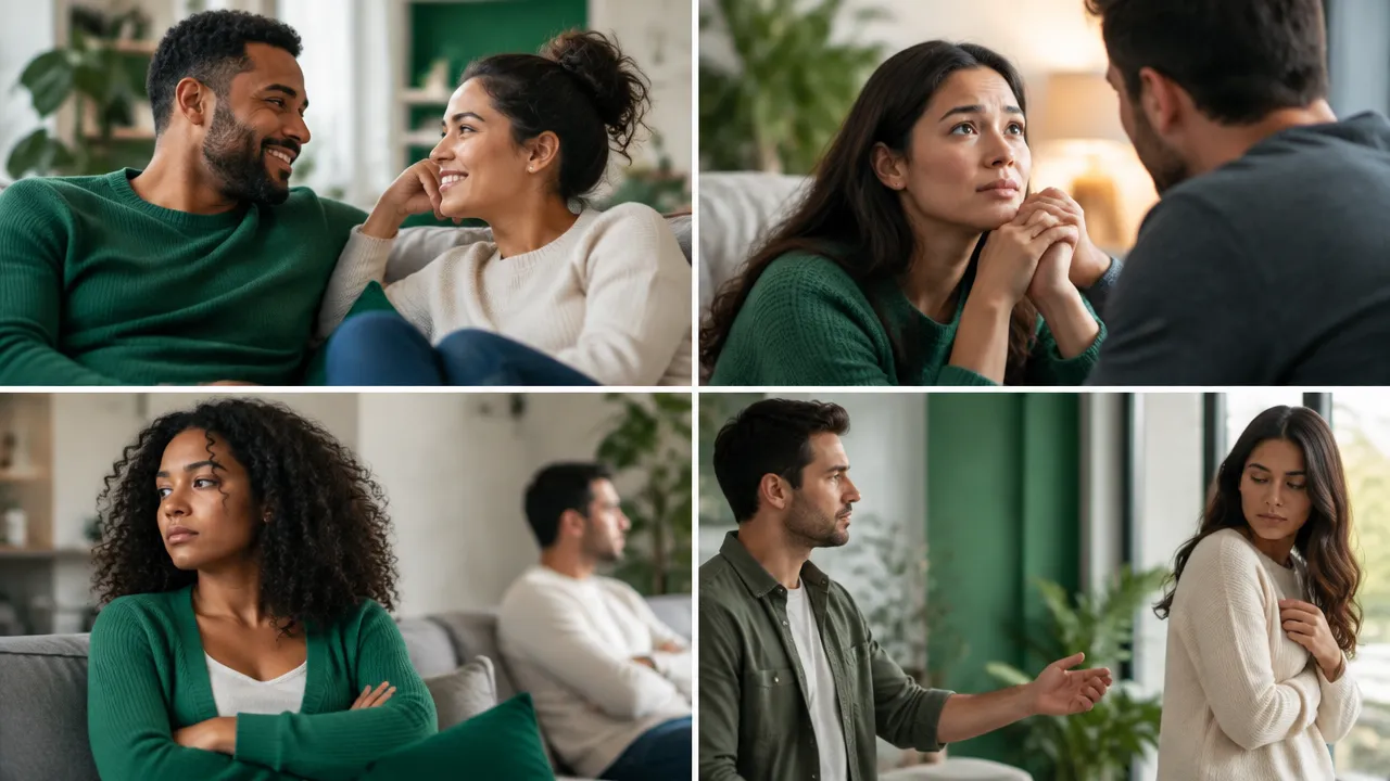 Four everyday adult relationship moments illustrating different patterns of closeness, reassurance, distance, and ambivalence