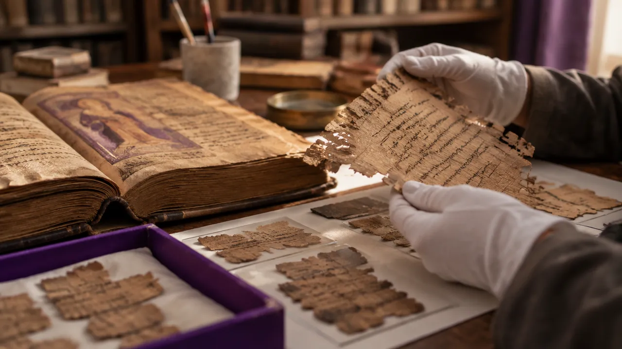 Fragmentos de papiro e códice antigo sendo examinados, representando as fontes históricas sobre o gnosticismo.