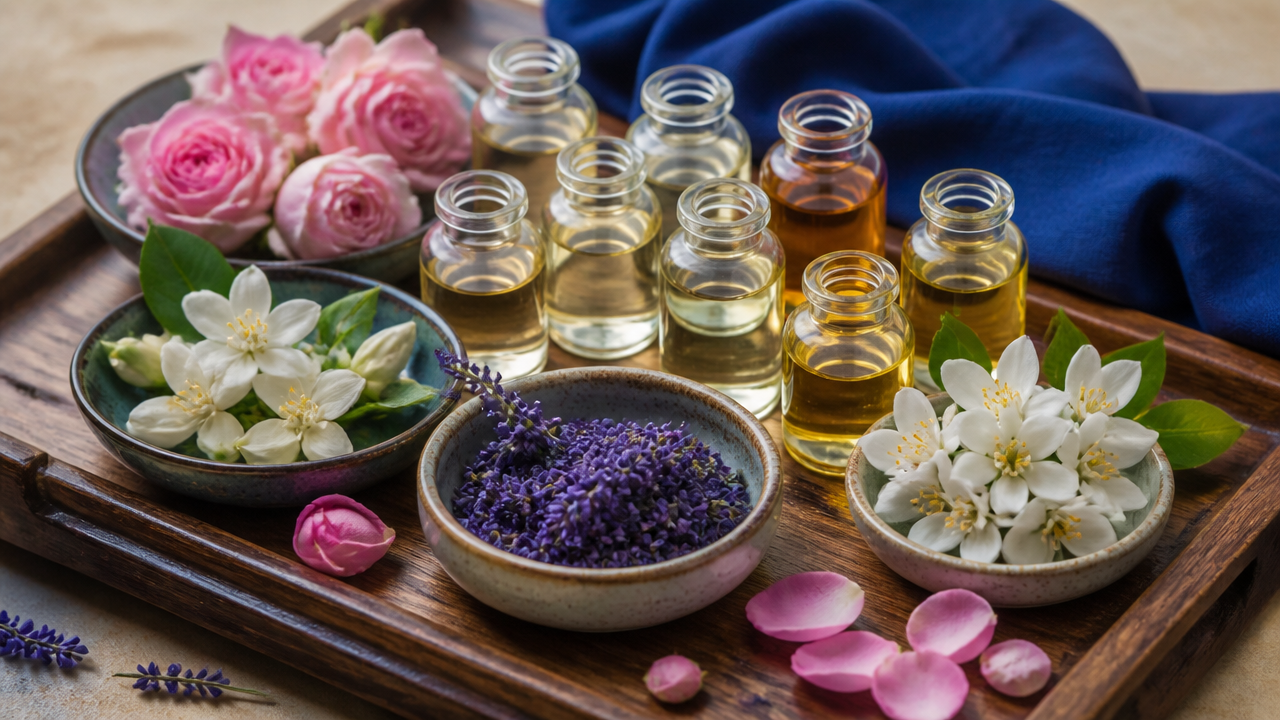 Fragrâncias florais organizadas com pétalas de rosa, jasmim e lavanda para uso no altar