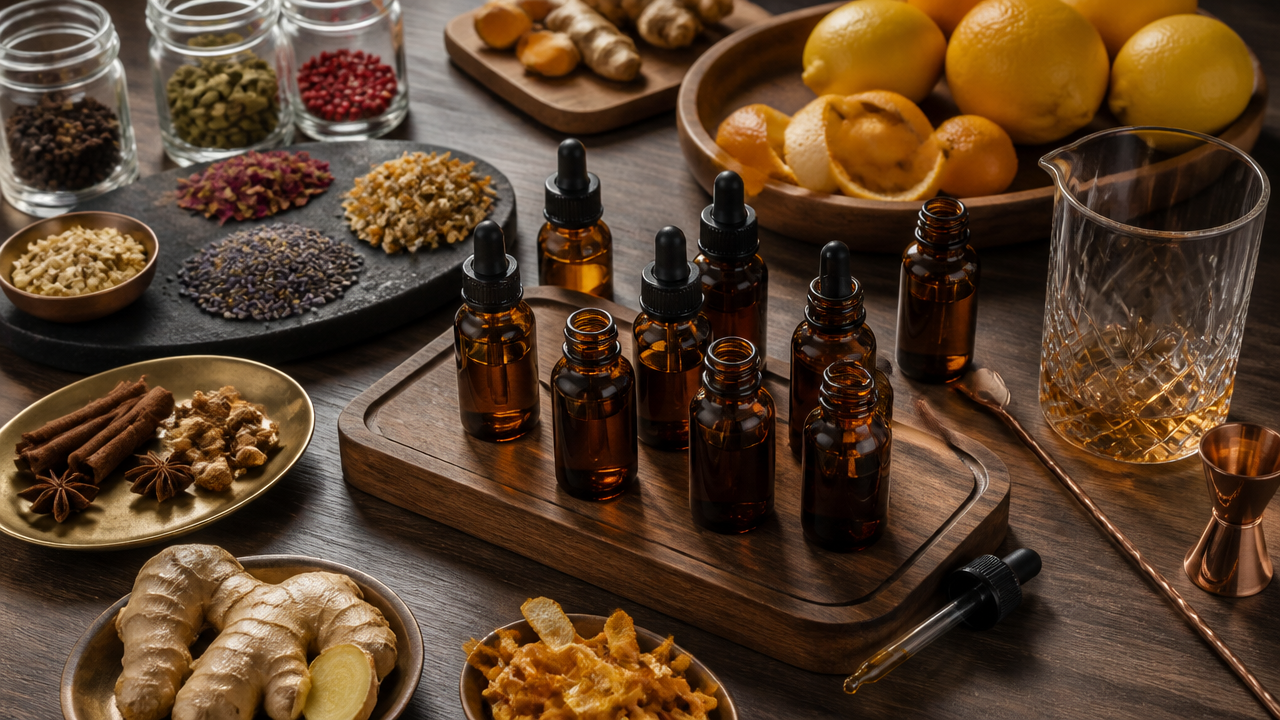 Frascos de bitters e ingredientes botânicos sobre bancada de bar, como cascas cítricas, especiarias e ervas.