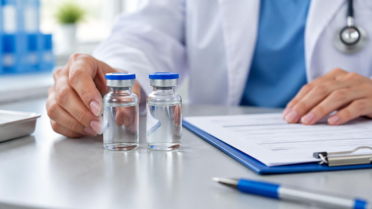 Frascos sem rótulo e prescrição organizados para comparar medicamentos biológicos