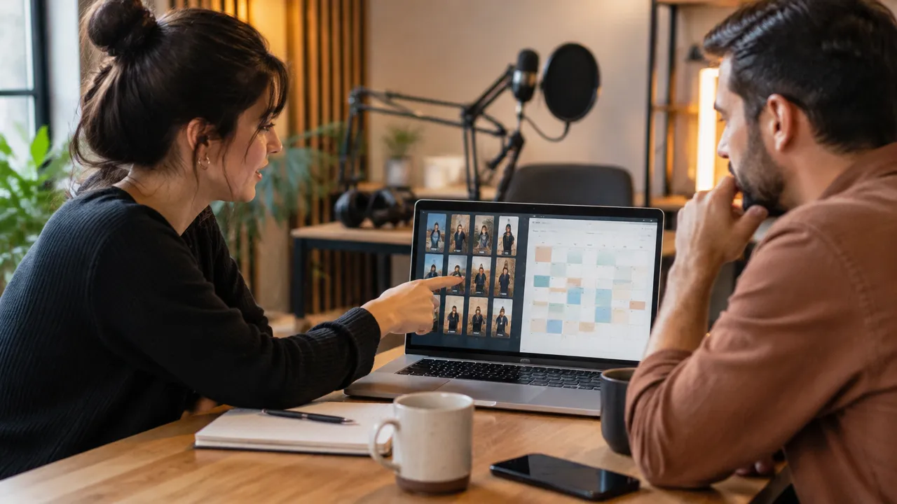 Freelancer e podcaster planejando juntos uma entrega mensal de vídeos curtos