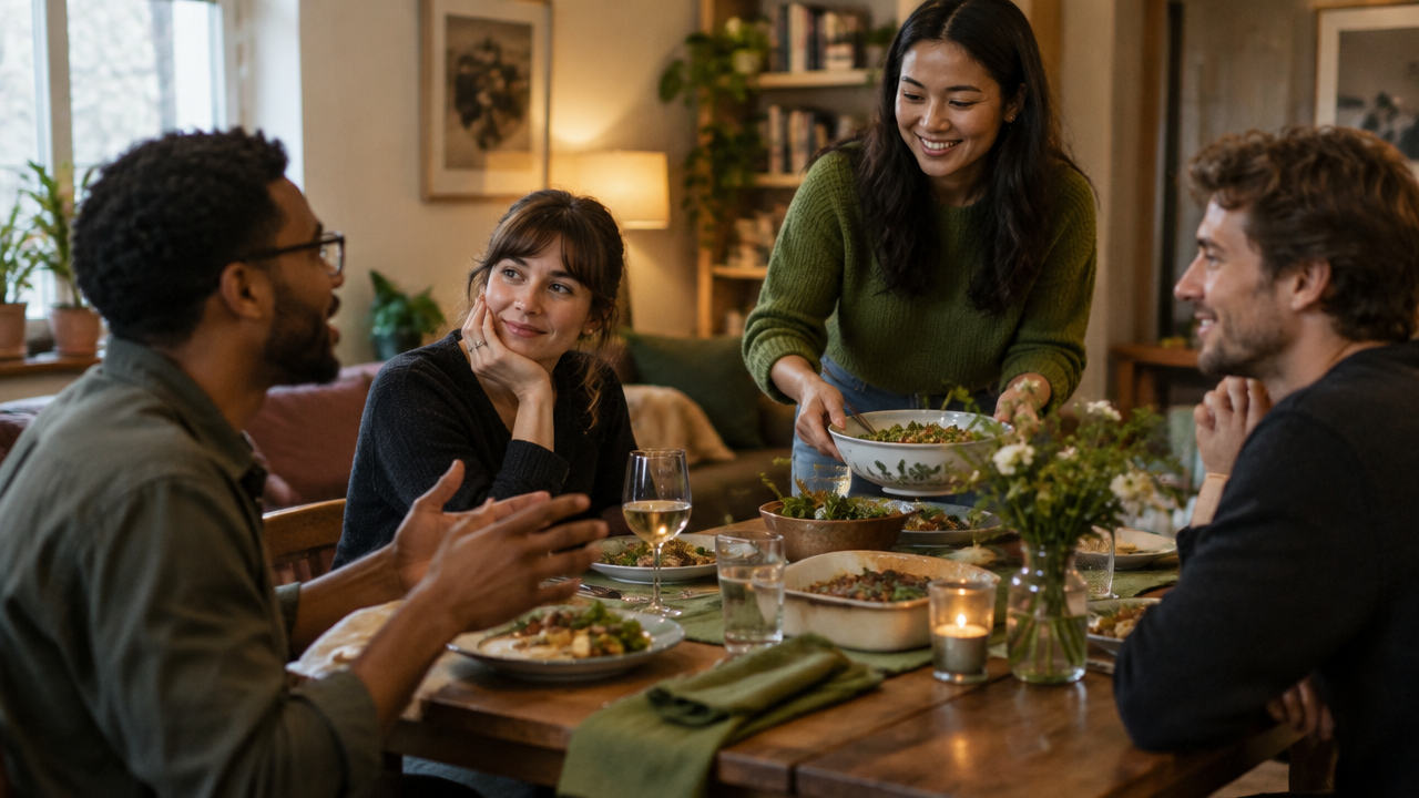 Friends at dinner revealing subtle roles through attention and body language