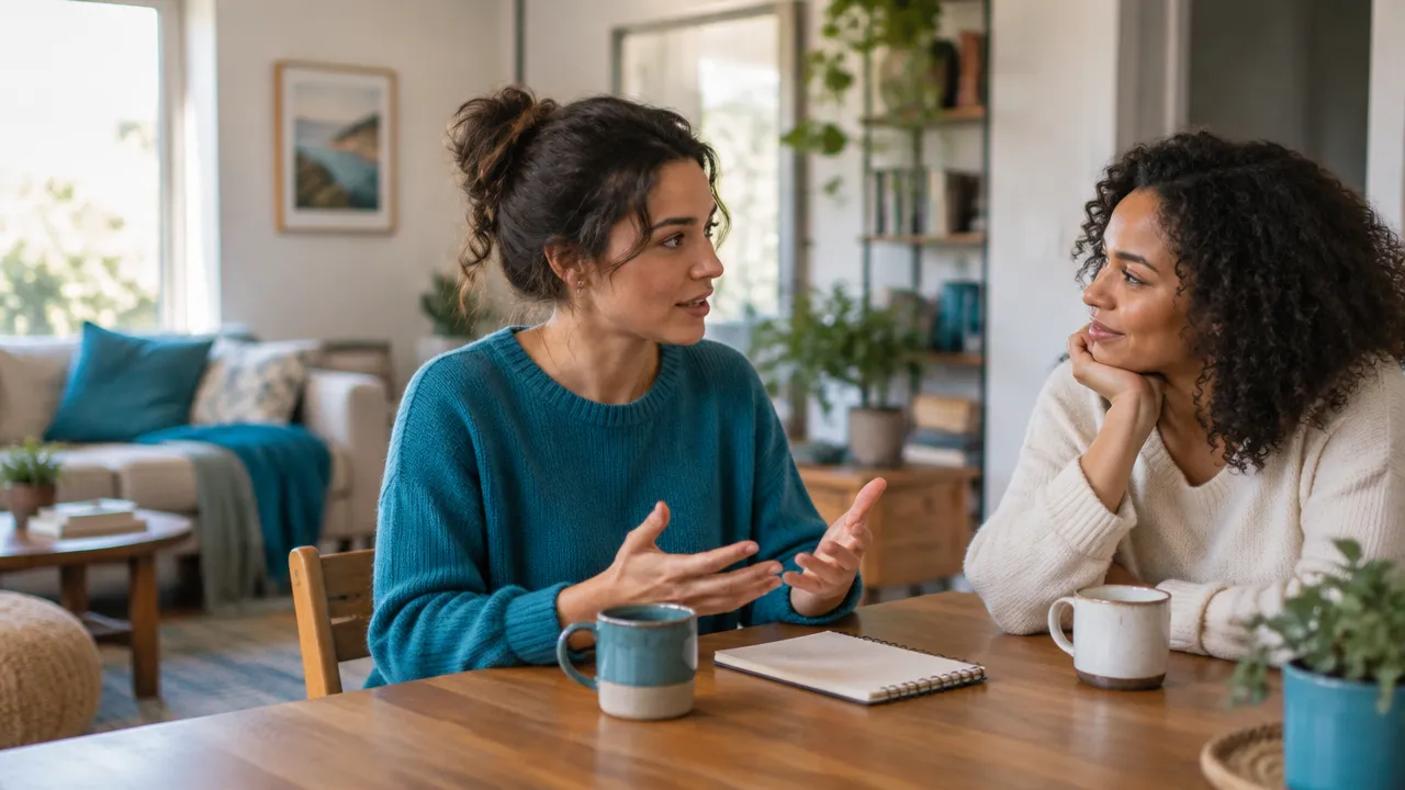 Friends calmly discussing expectations and boundaries at home