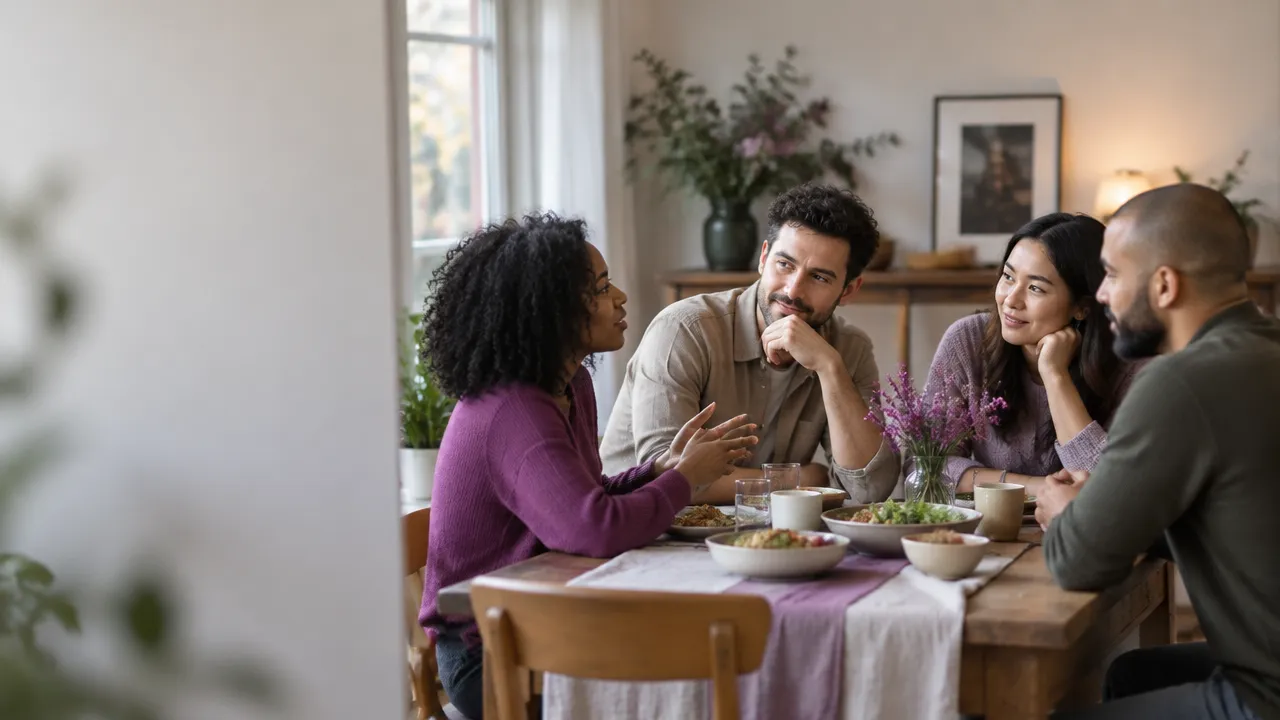 Friends having a thoughtful conversation at a dining table about changing a familiar social gathering.