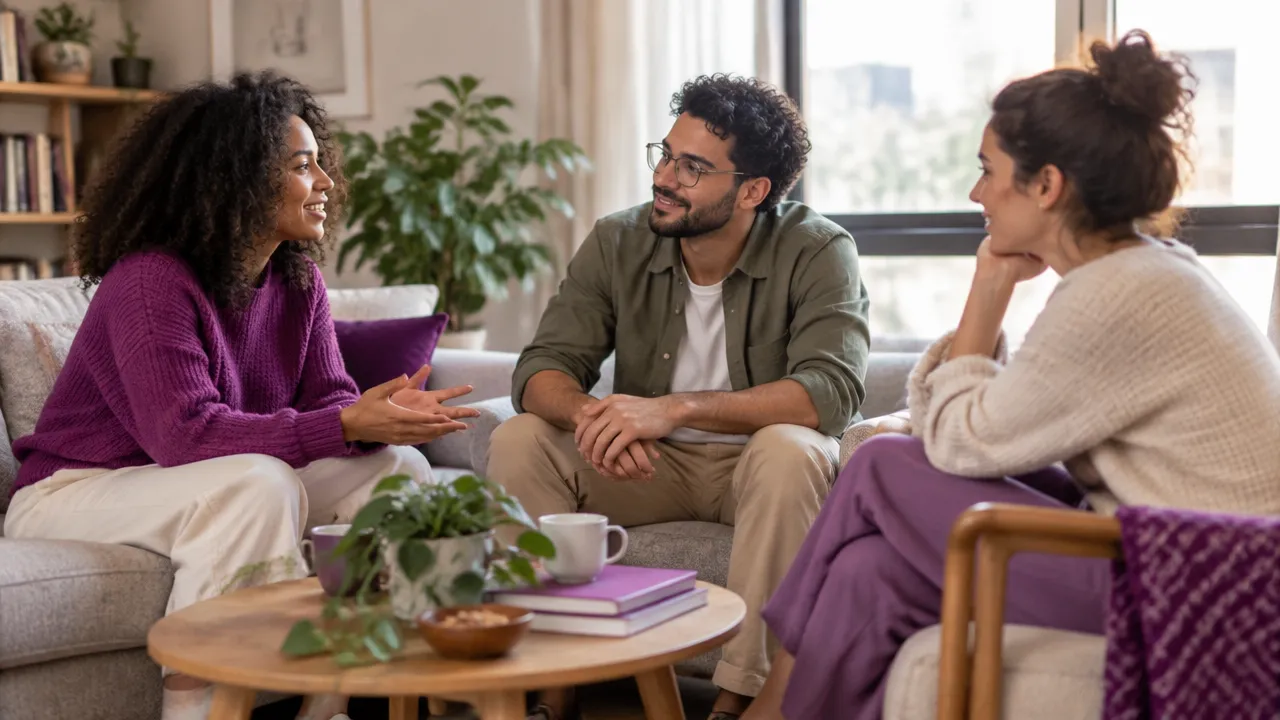Friends listening to one another during a calm conversation about their shared routine.