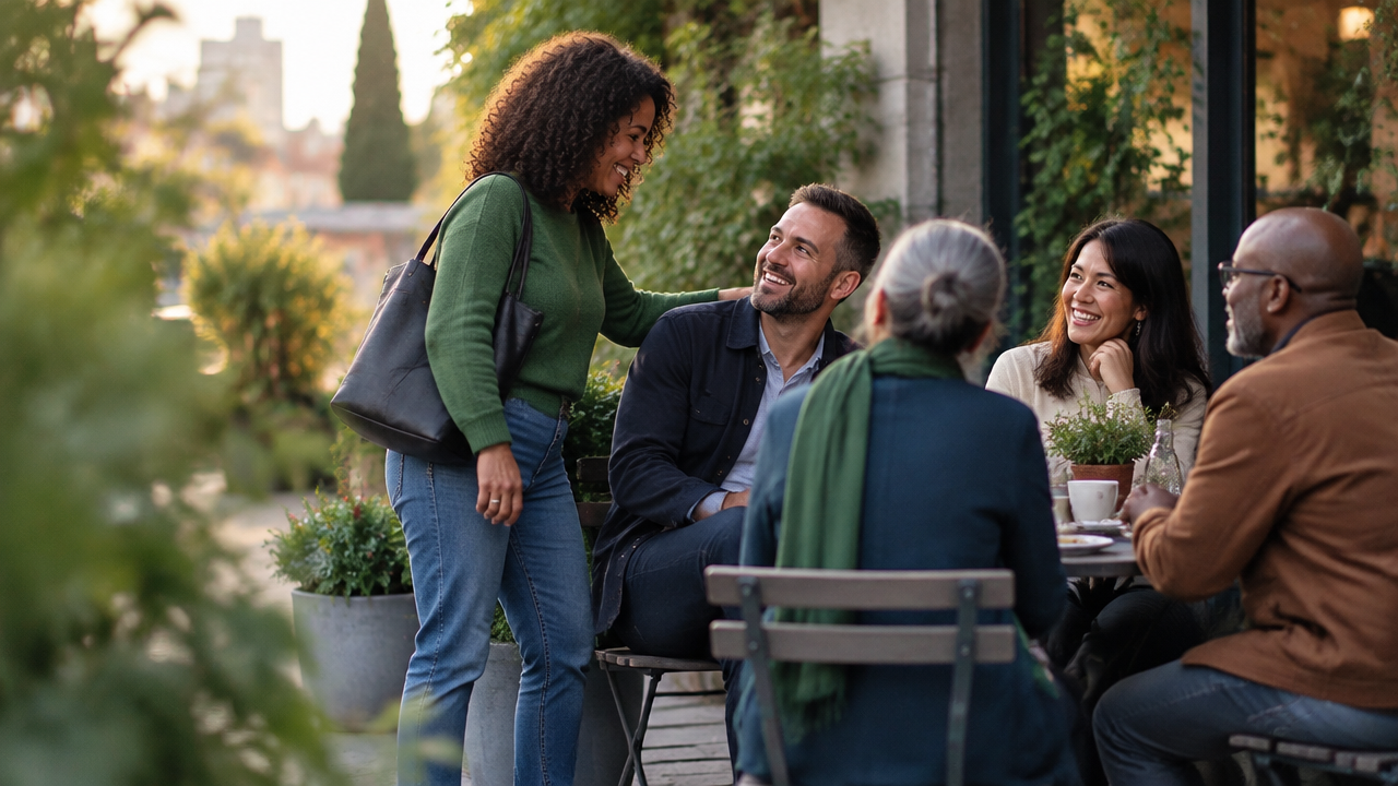 Friends sharing a familiar gathering ritual as one person joins the group
