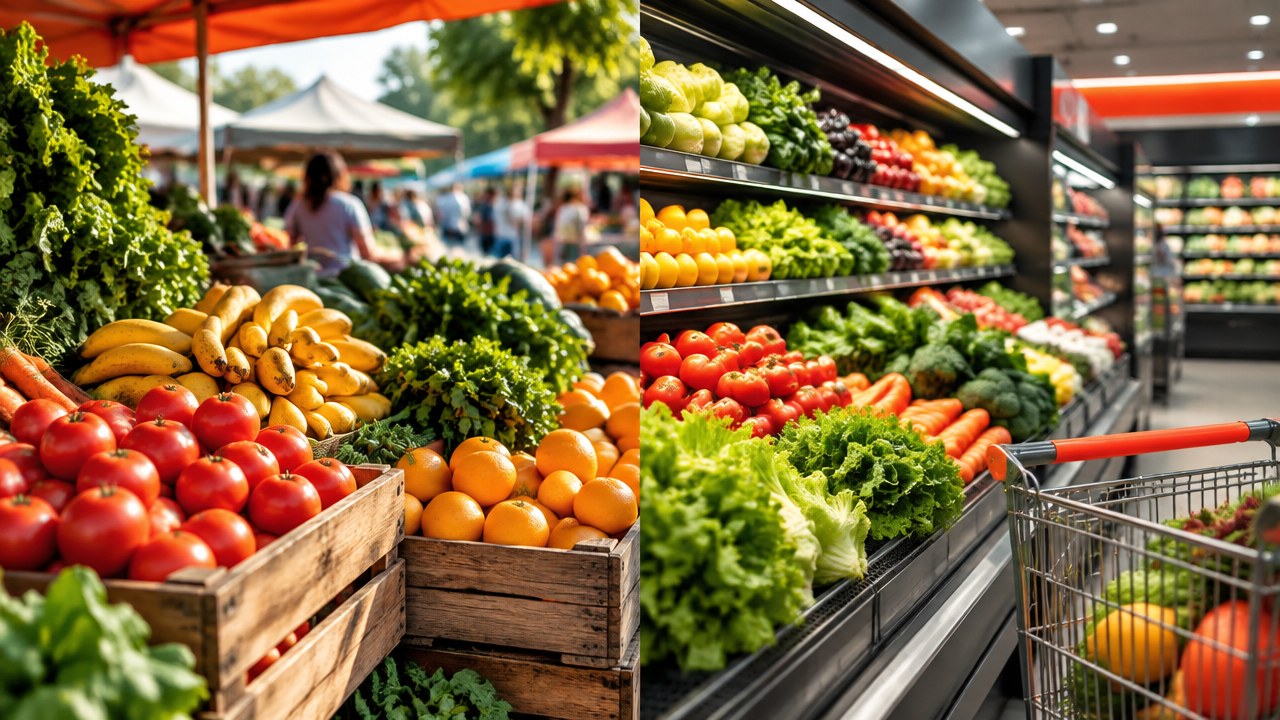 Frutas e verduras frescas em uma barraca de feira ao lado do setor de hortifrúti de um supermercado