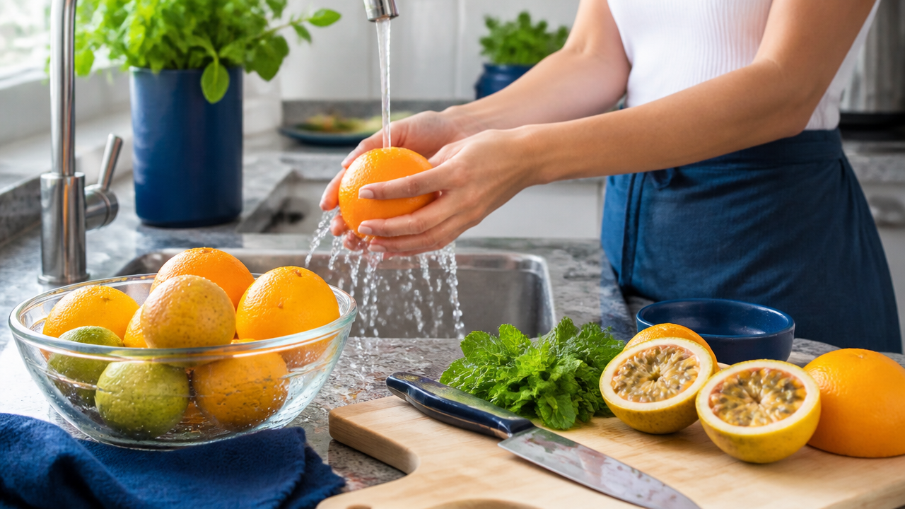 Frutas tropicais sendo lavadas e preparadas de forma segura para banho energético