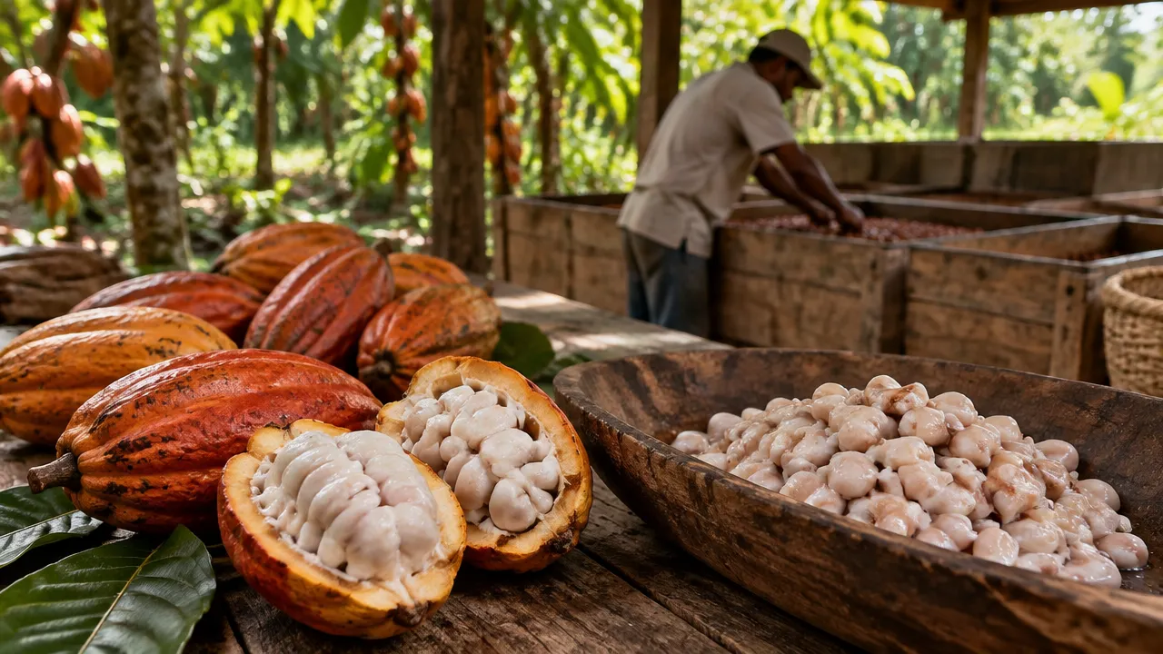 Frutos de cacau abertos e amêndoas recém-colhidas em uma fazenda do sul da Bahia