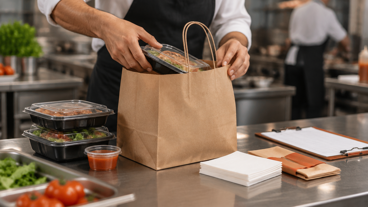 Funcionária confere a vedação e a organização de uma embalagem de pedido para delivery