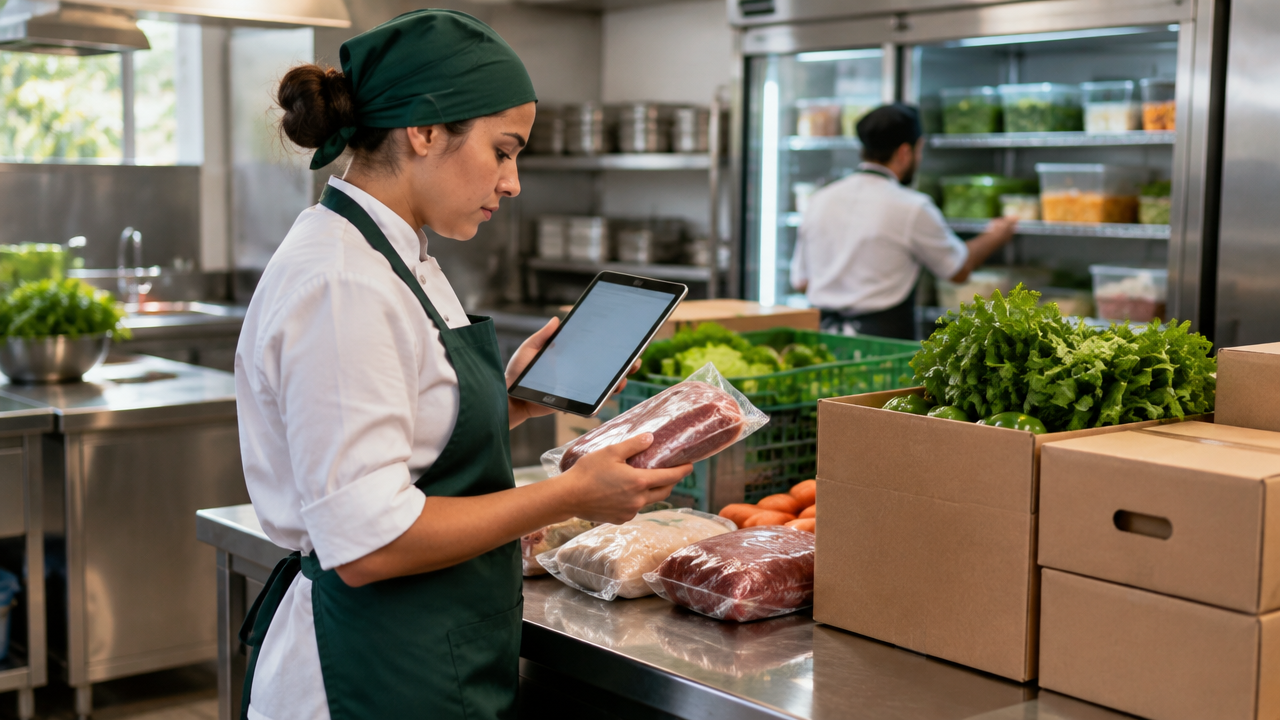 Funcionária de restaurante confere a qualidade e a quantidade dos alimentos recebidos antes de armazená-los.