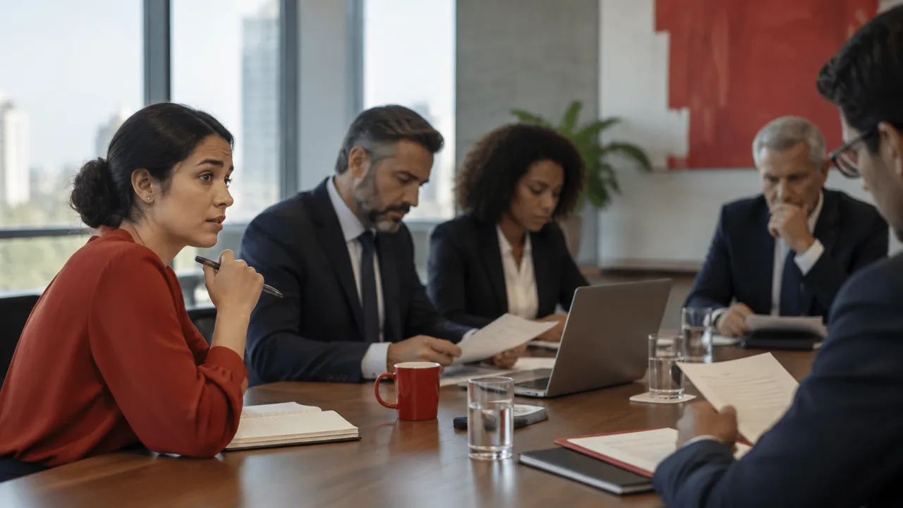 Funcionária hesita em falar durante reunião enquanto colegas e liderança conversam