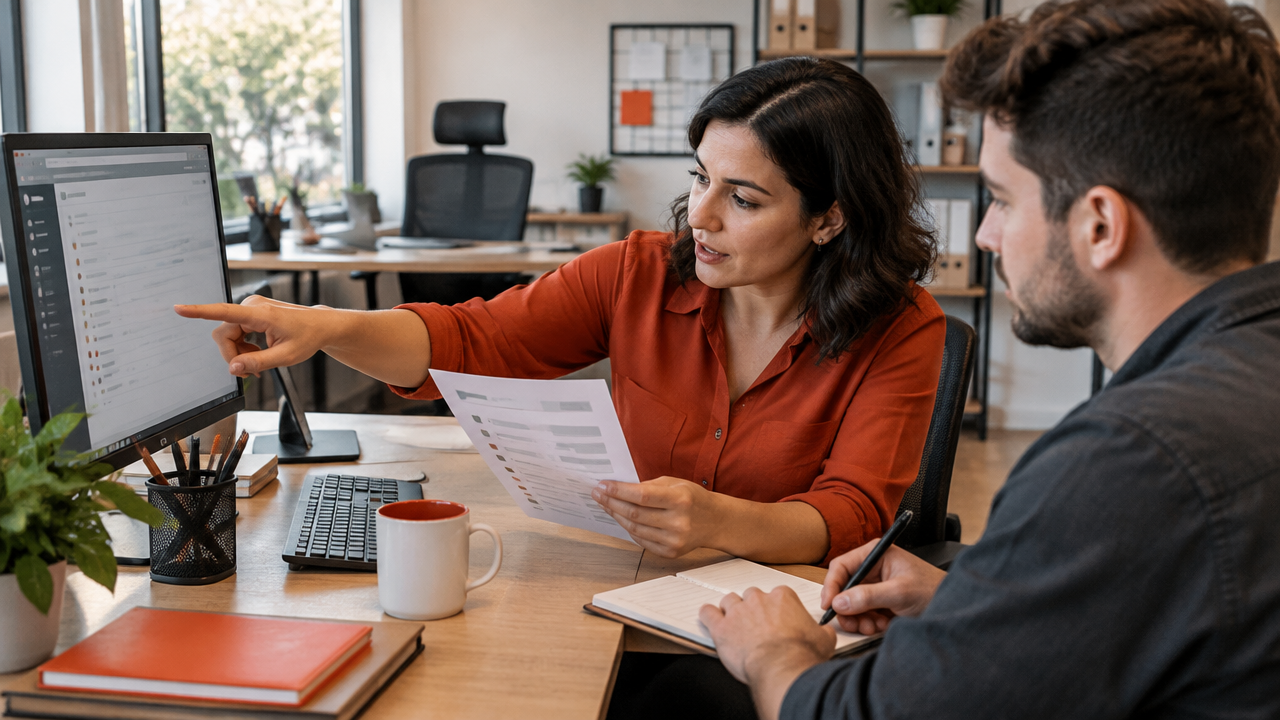 Funcionária treinando um colega para manter a rotina da empresa durante sua ausência