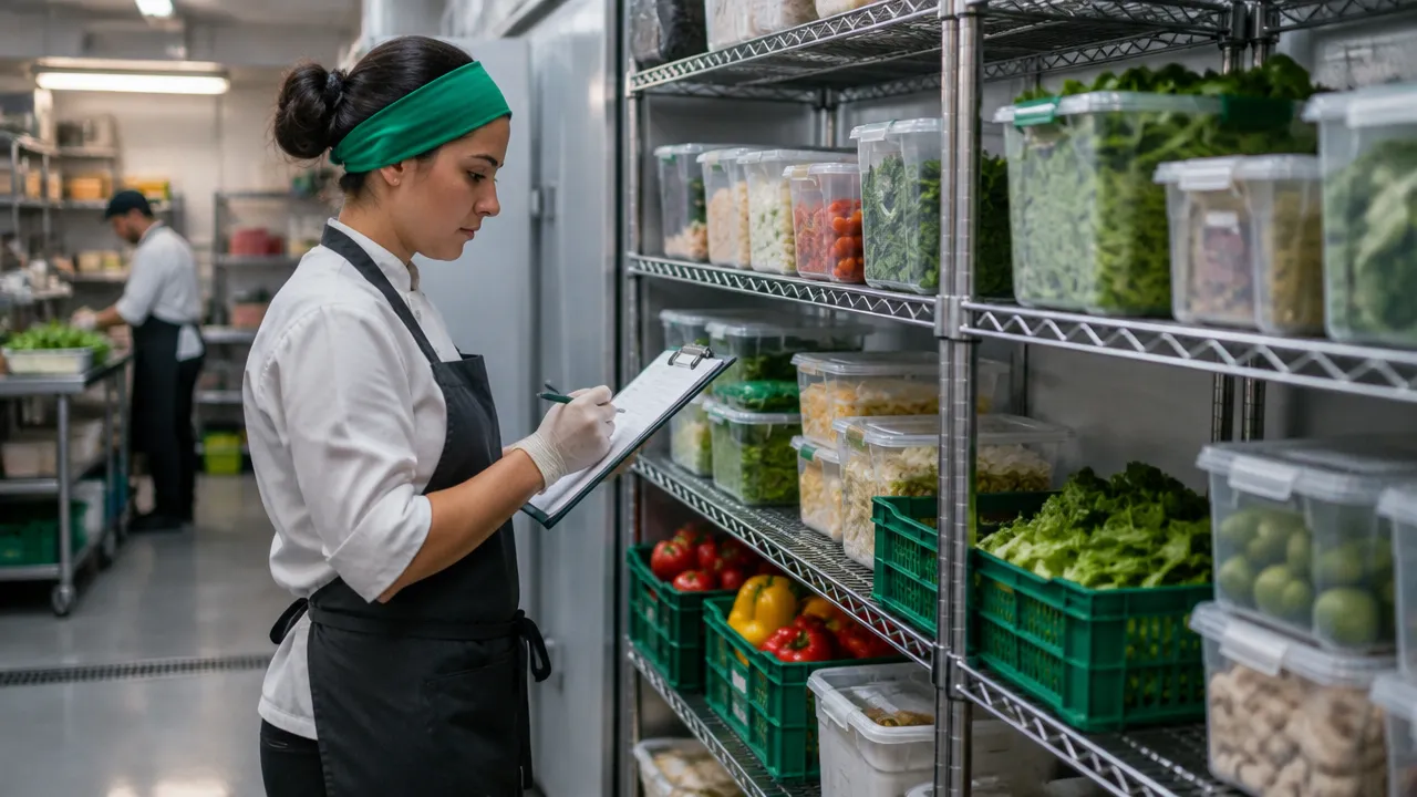 Funcionário conferindo por etapas os alimentos armazenados em uma despensa organizada