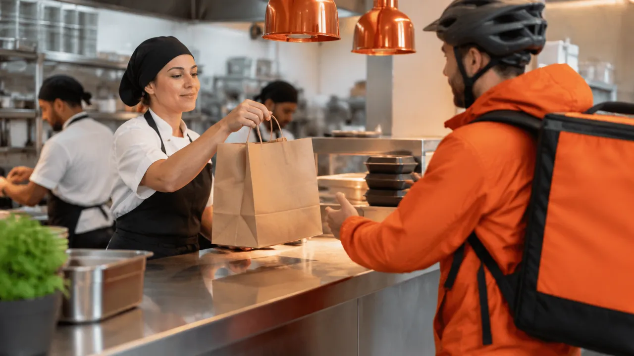 Funcionário de cozinha entregando um pedido pronto a um entregador no ponto de retirada