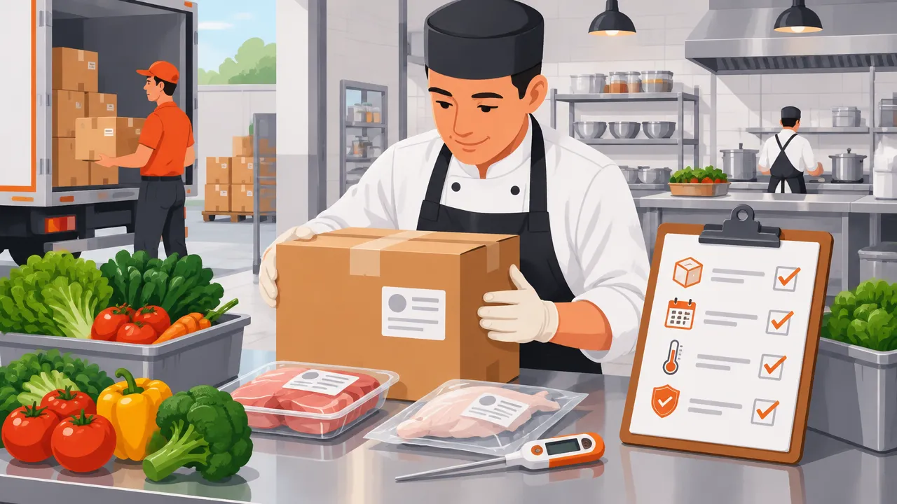 Funcionário de restaurante confere embalagens, validade e condições dos ingredientes no recebimento