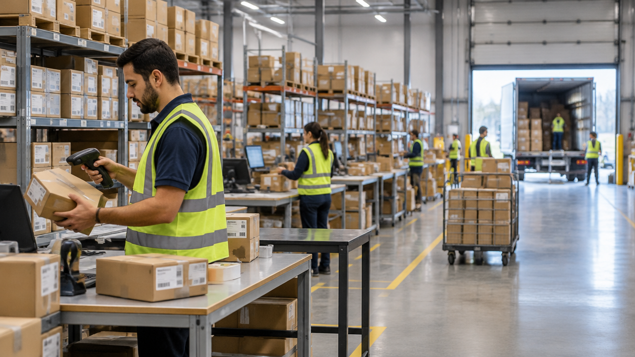 Funcionário separando e preparando pedidos em um centro de distribuição organizado para despacho