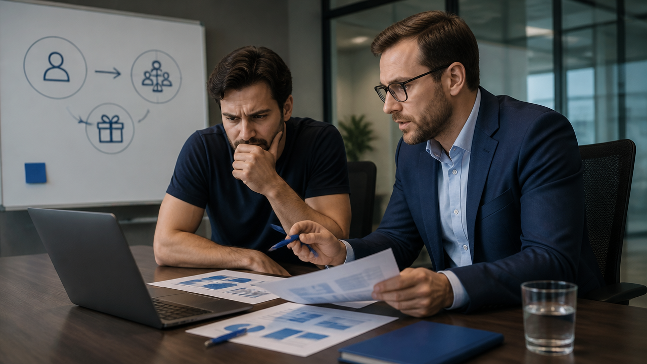 Fundador e gestor comercial revisando proposta de valor e pitch de vendas em reunião